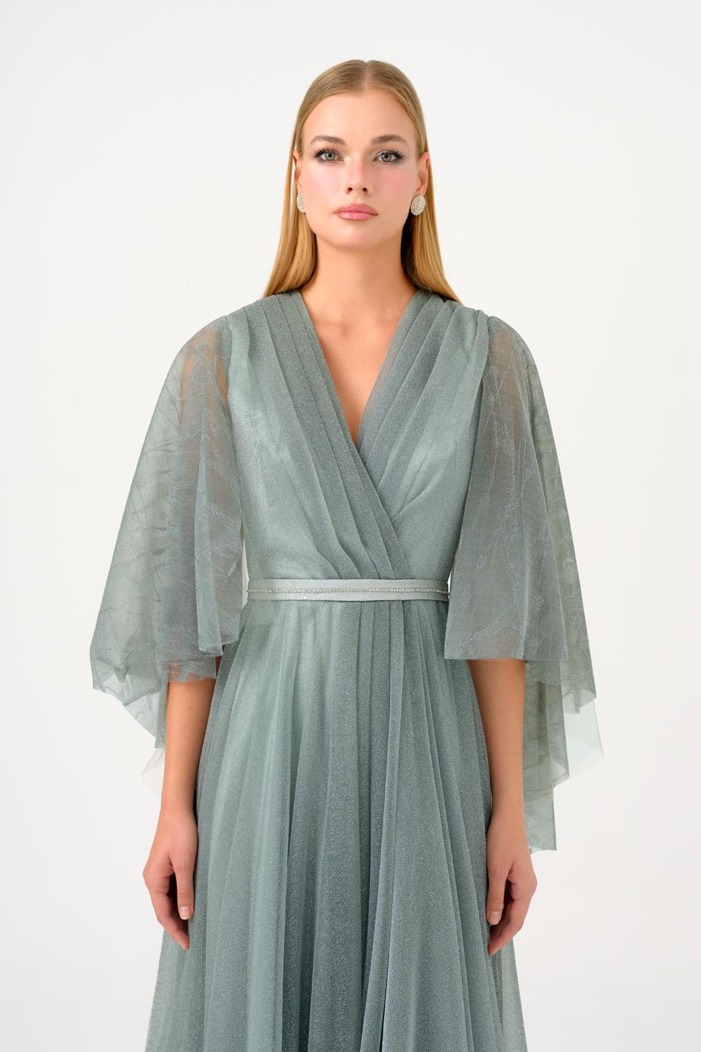 Volanlı Yarım Kol Simli Uzun Abiye Elbise - 9144C