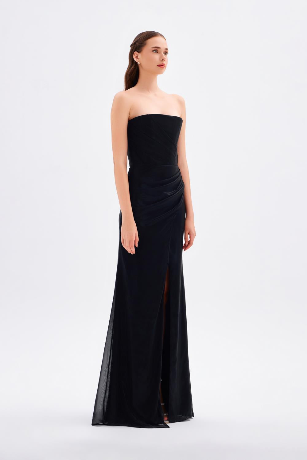 Yırtmaçlı Büzgü Detaylı Uzun Abiye Elbise - 5047C