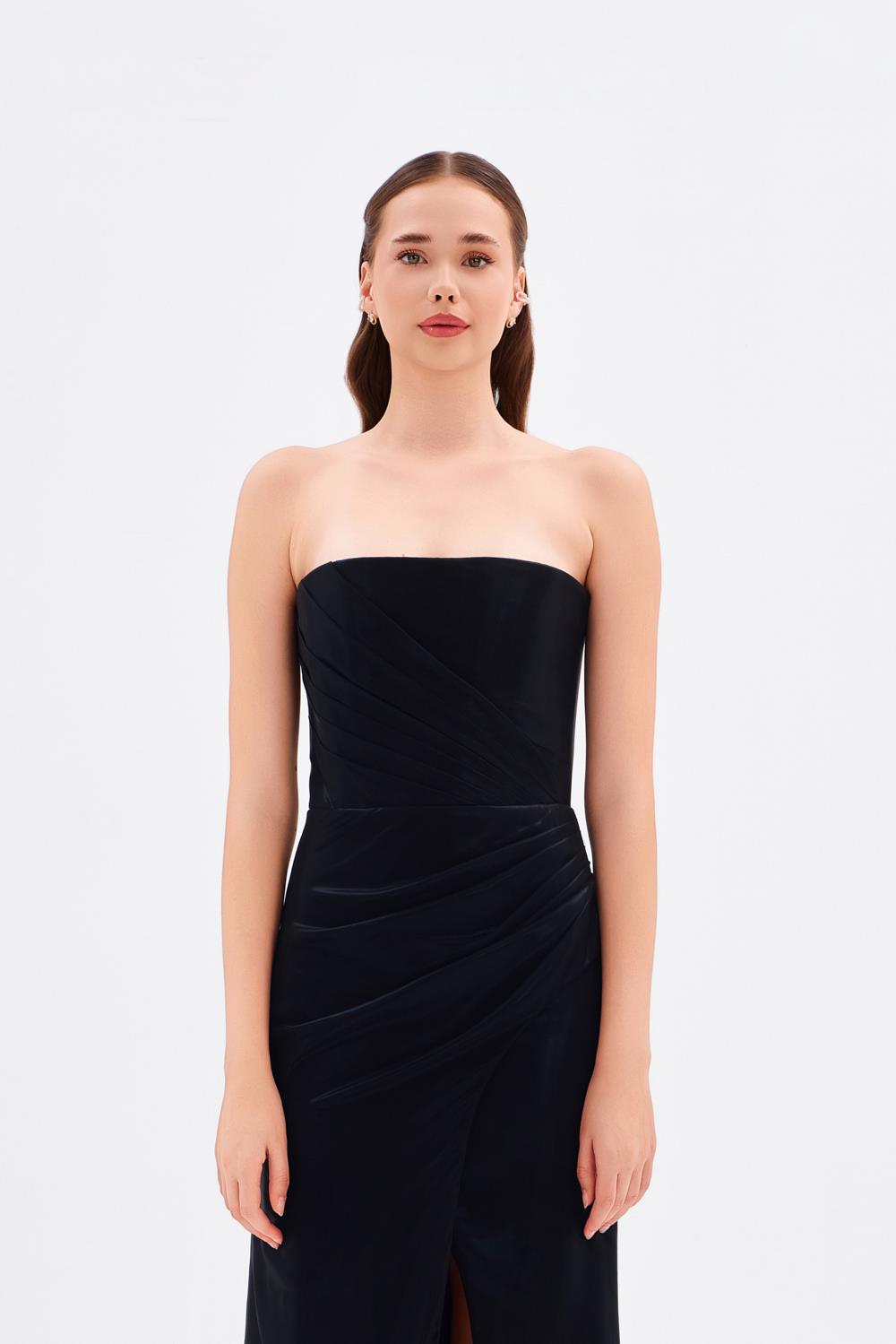 Yırtmaçlı Büzgü Detaylı Uzun Abiye Elbise - 5047C