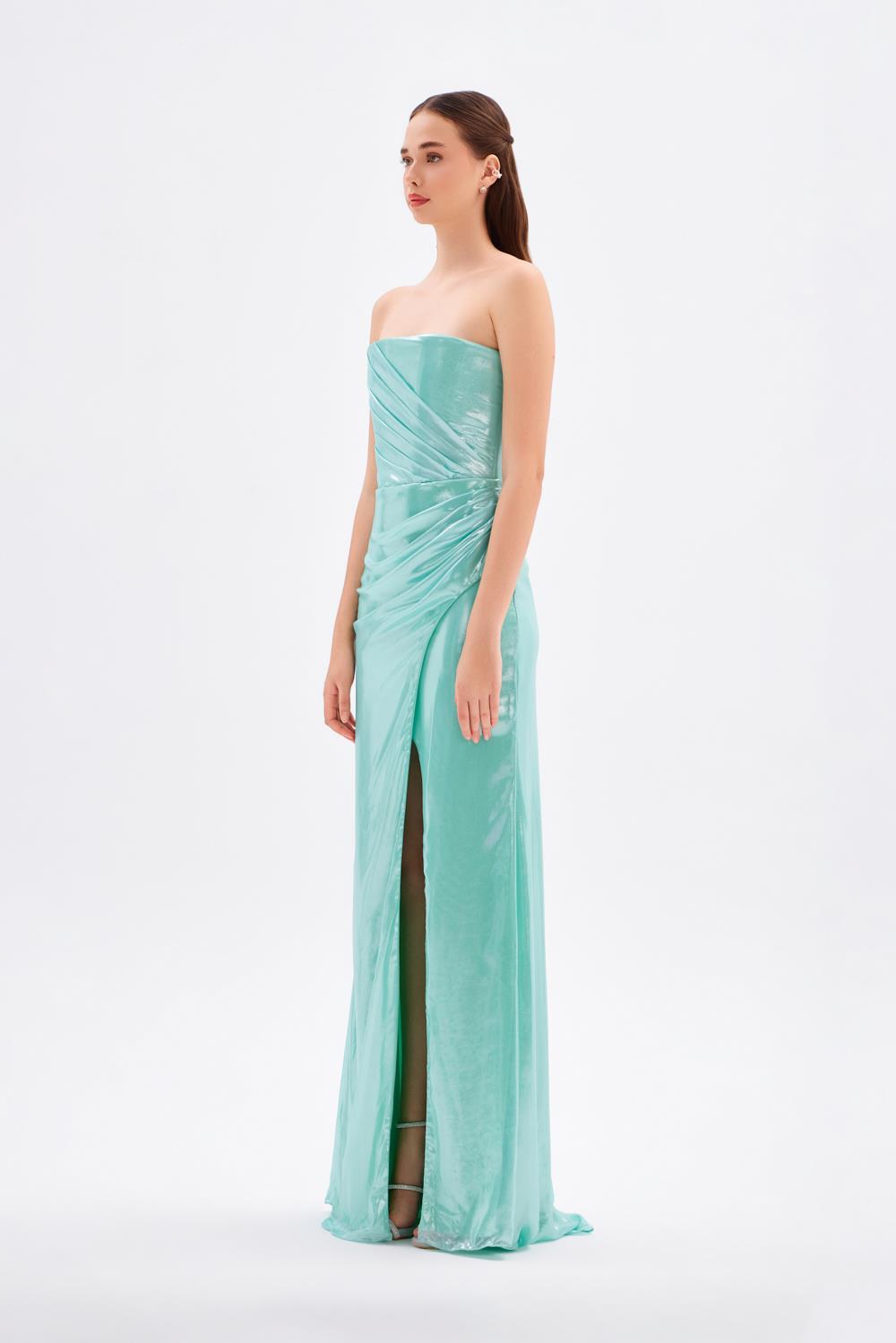 Yırtmaçlı Büzgü Detaylı Uzun Abiye Elbise - 5047C