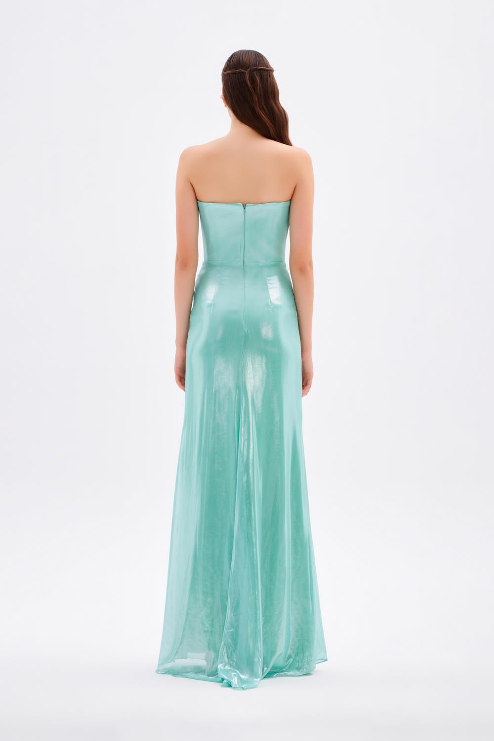 Yırtmaçlı Büzgü Detaylı Uzun Abiye Elbise - 5047C