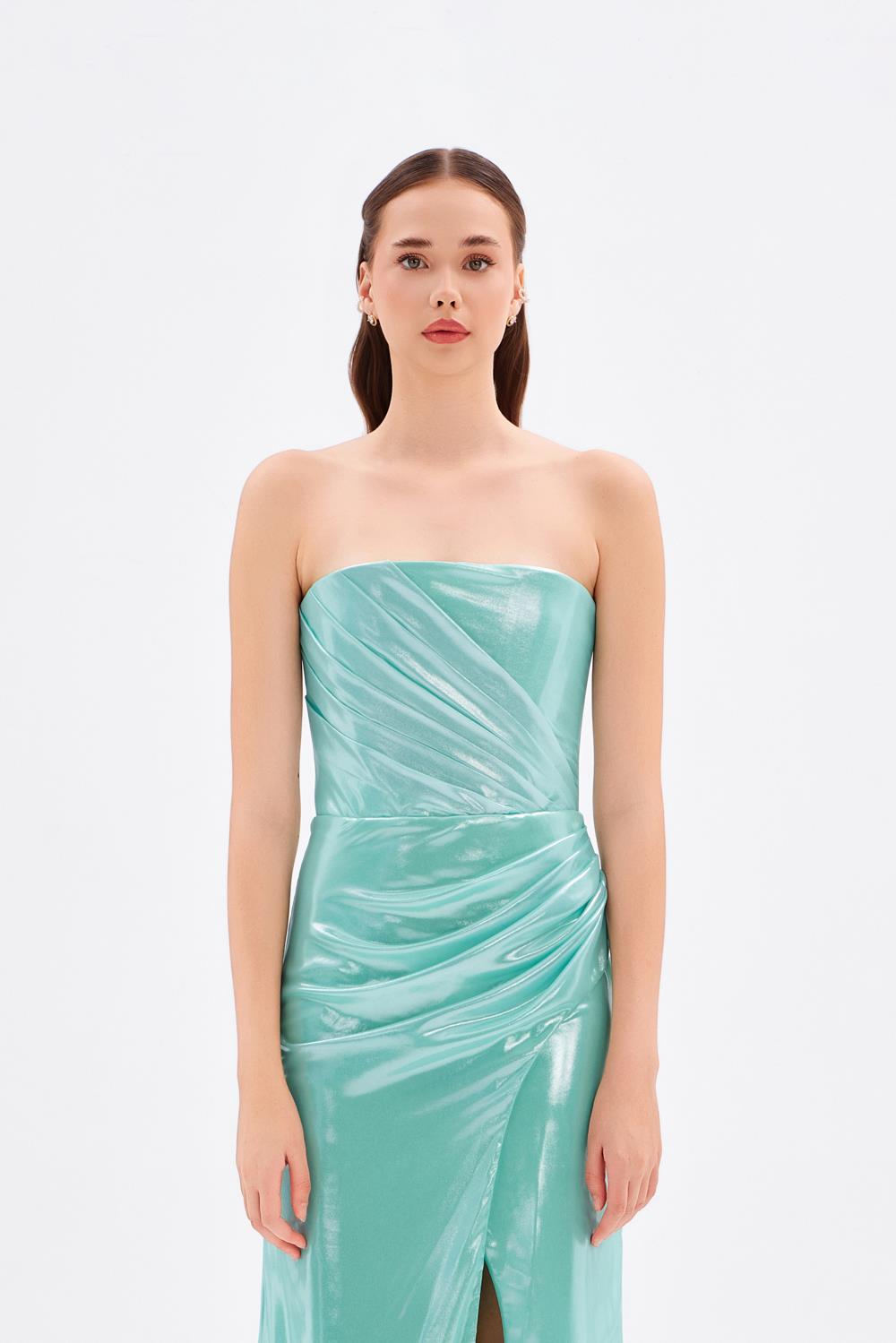 Yırtmaçlı Büzgü Detaylı Uzun Abiye Elbise - 5047C