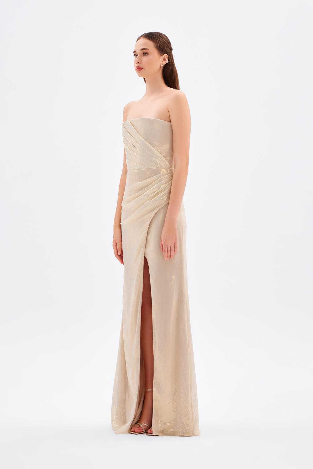 Yırtmaçlı Büzgü Detaylı Uzun Abiye Elbise - 5047C