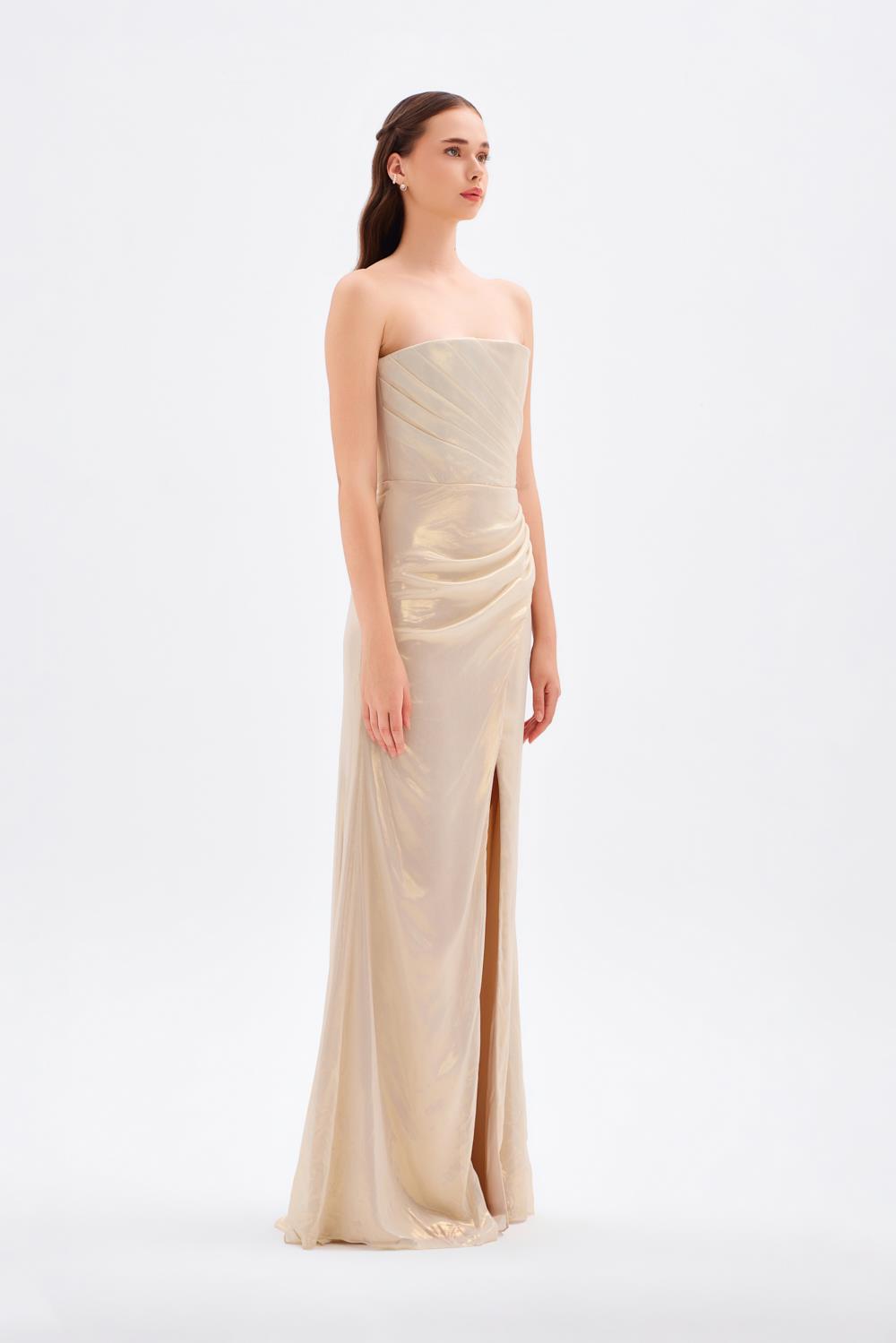 Yırtmaçlı Büzgü Detaylı Uzun Abiye Elbise - 5047C