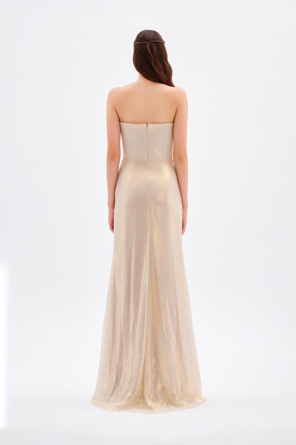 Yırtmaçlı Büzgü Detaylı Uzun Abiye Elbise - 5047C