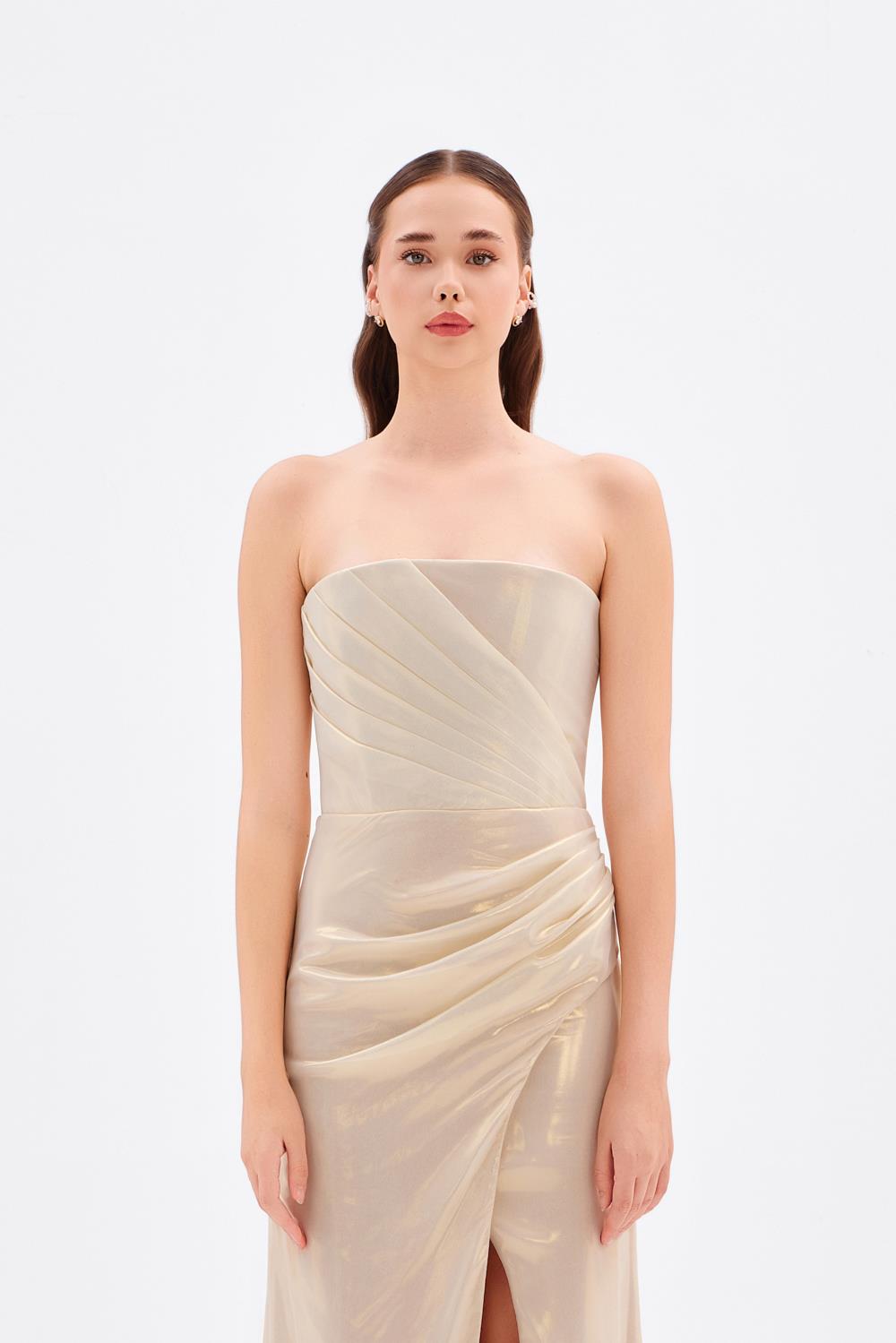 Yırtmaçlı Büzgü Detaylı Uzun Abiye Elbise - 5047C