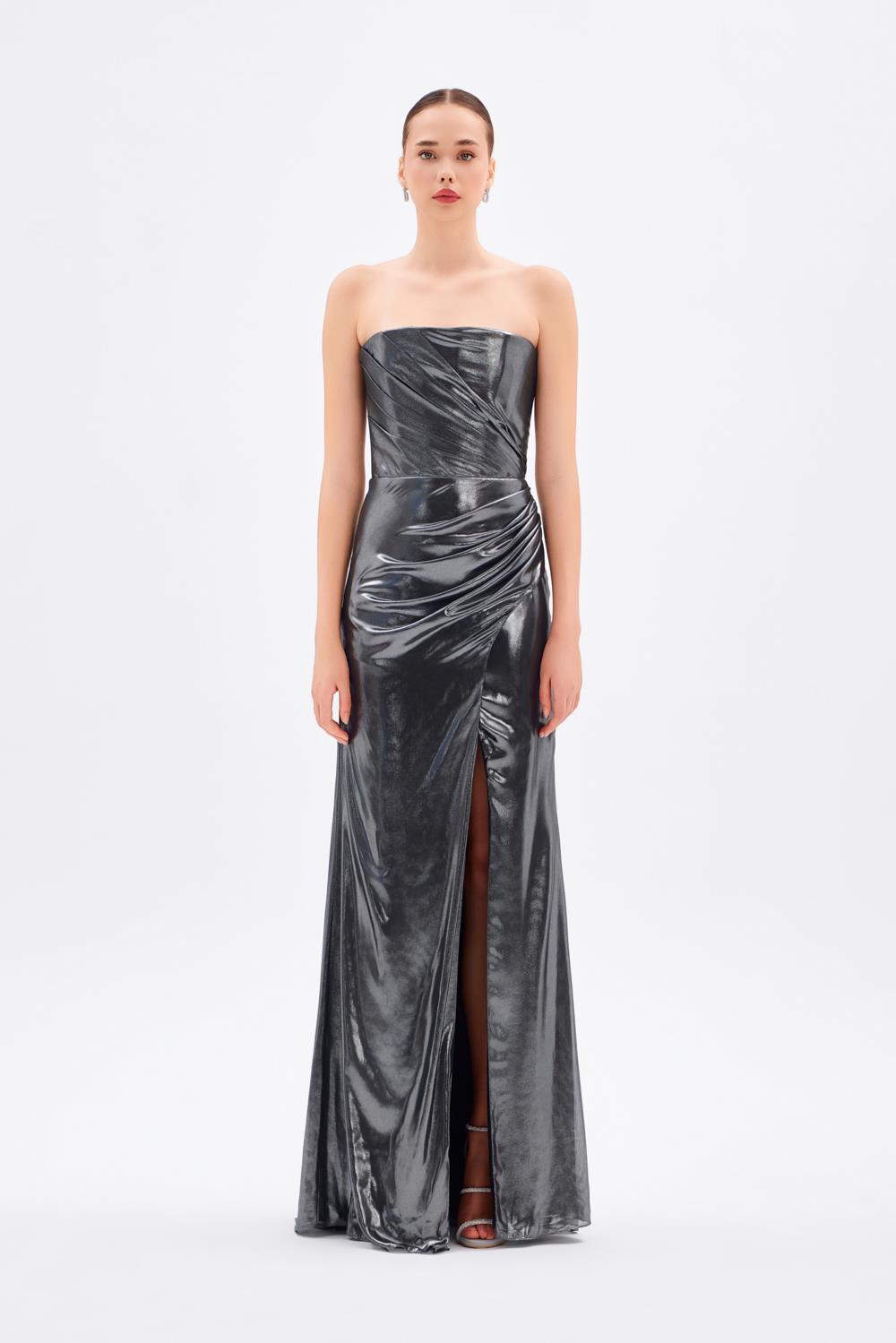 Yırtmaçlı Büzgü Detaylı Uzun Abiye Elbise - 5047C