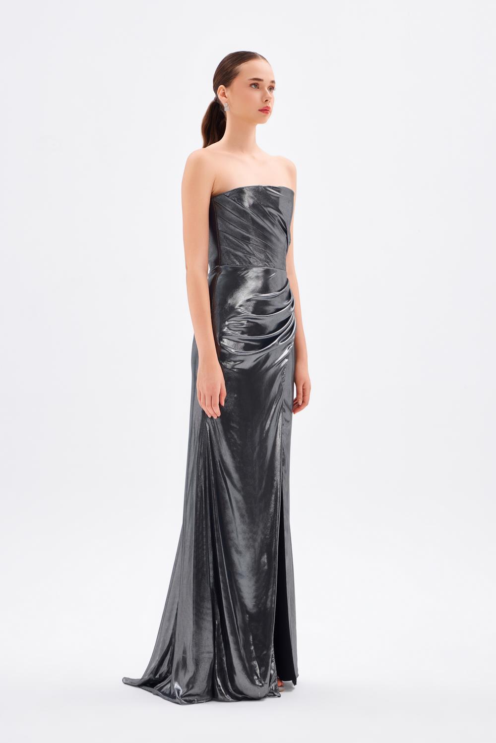 Yırtmaçlı Büzgü Detaylı Uzun Abiye Elbise - 5047C