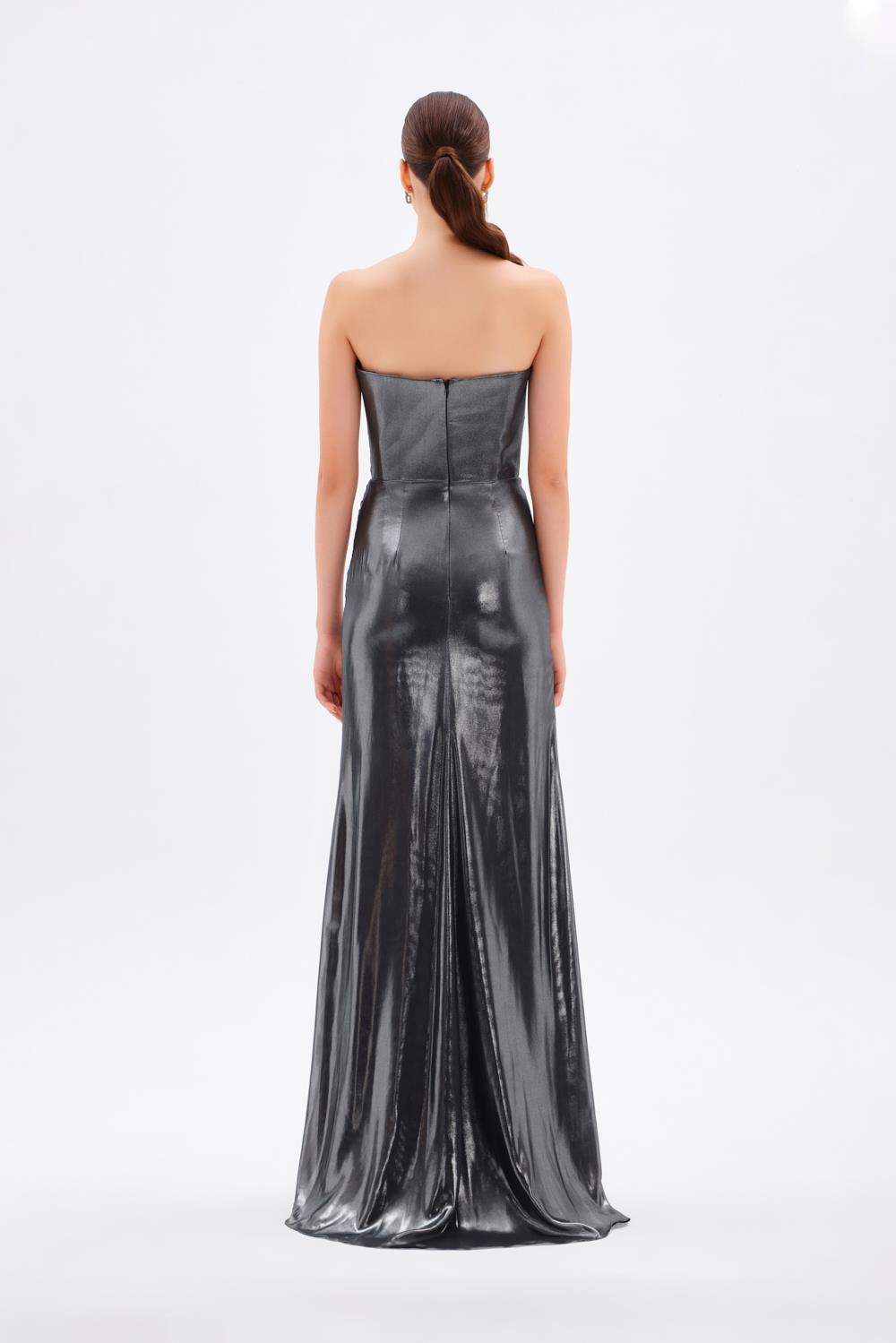 Yırtmaçlı Büzgü Detaylı Uzun Abiye Elbise - 5047C