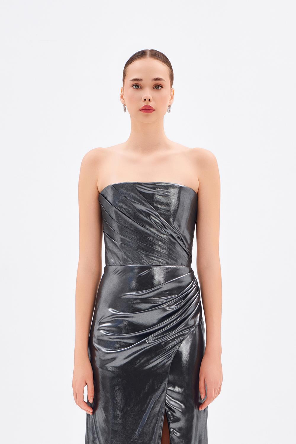 Yırtmaçlı Büzgü Detaylı Uzun Abiye Elbise - 5047C