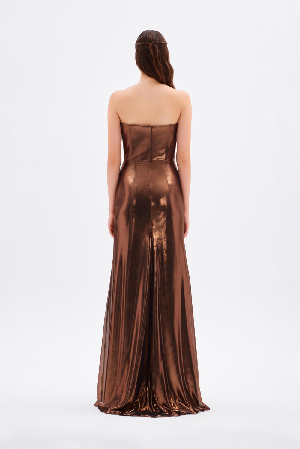 Yırtmaçlı Büzgü Detaylı Uzun Abiye Elbise - 5047C