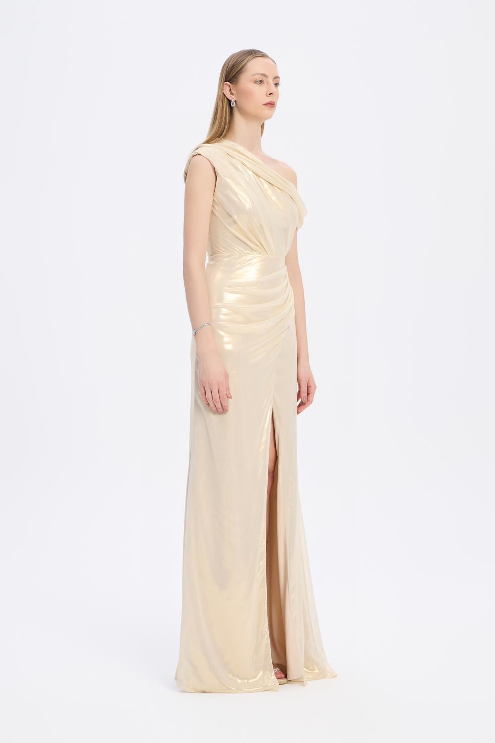 Yırtmaçlı Düşük Omuzlu Uzun Abiye Elbise - 5046C