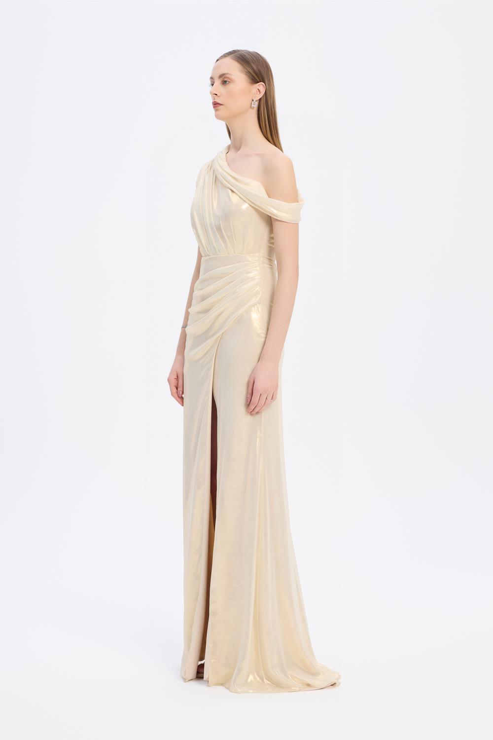 Yırtmaçlı Düşük Omuzlu Uzun Abiye Elbise - 5046C