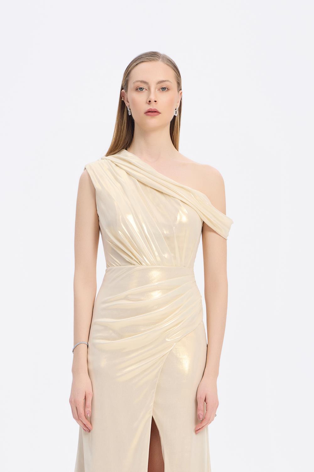 Yırtmaçlı Düşük Omuzlu Uzun Abiye Elbise - 5046C