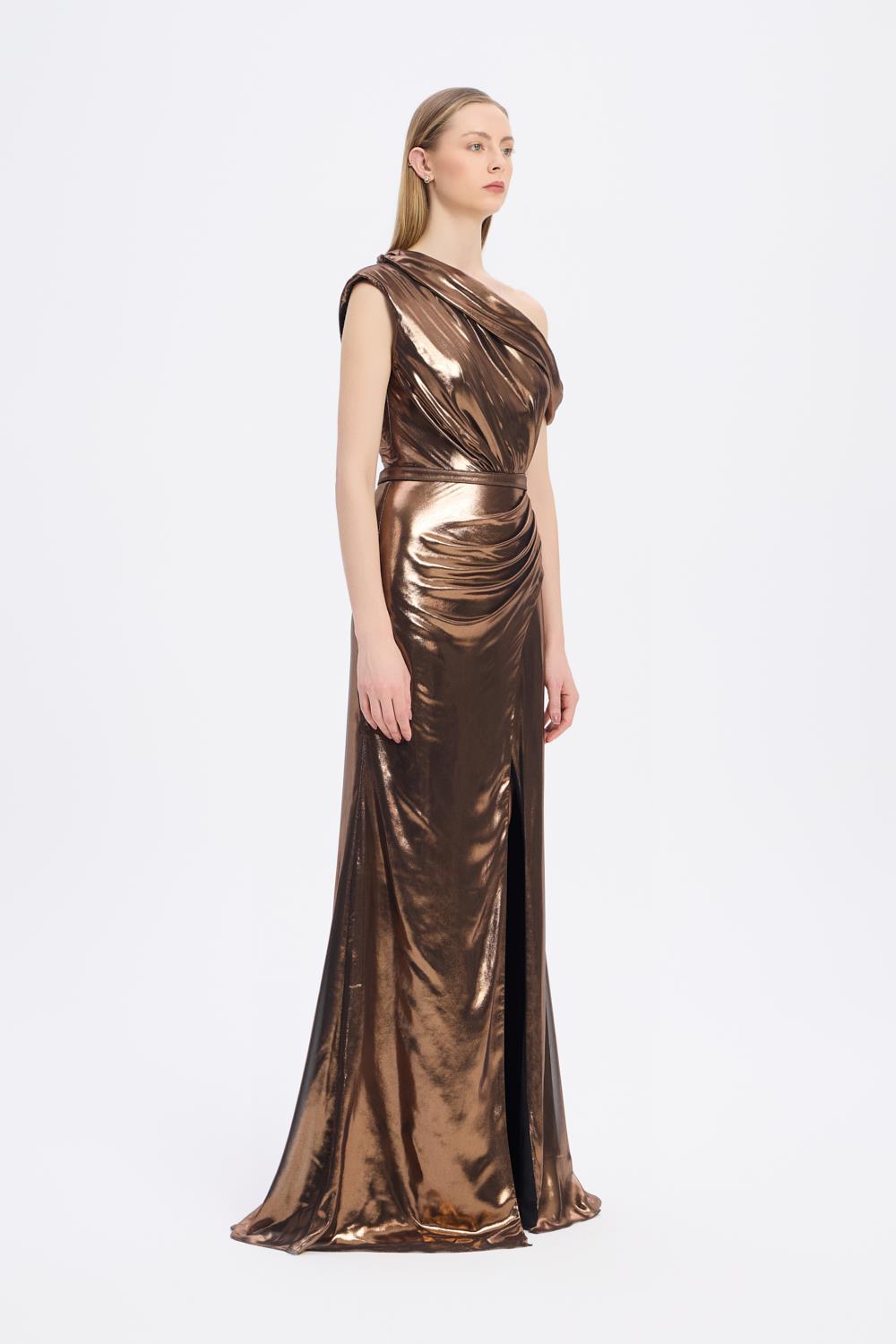 Yırtmaçlı Düşük Omuzlu Uzun Abiye Elbise - 5046C