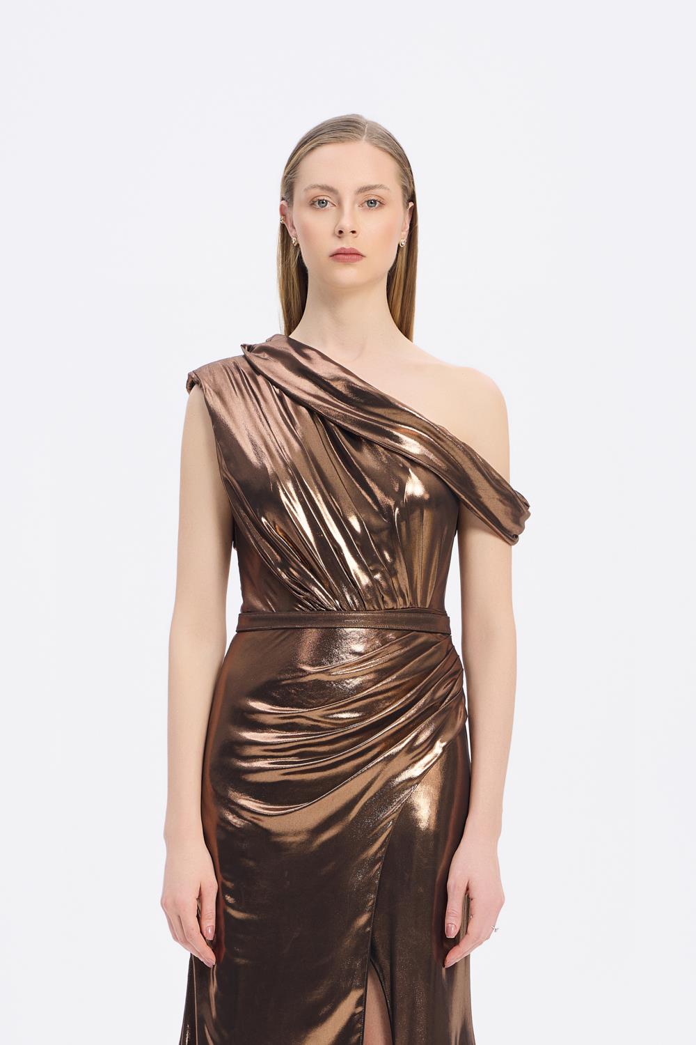 Yırtmaçlı Düşük Omuzlu Uzun Abiye Elbise - 5046C