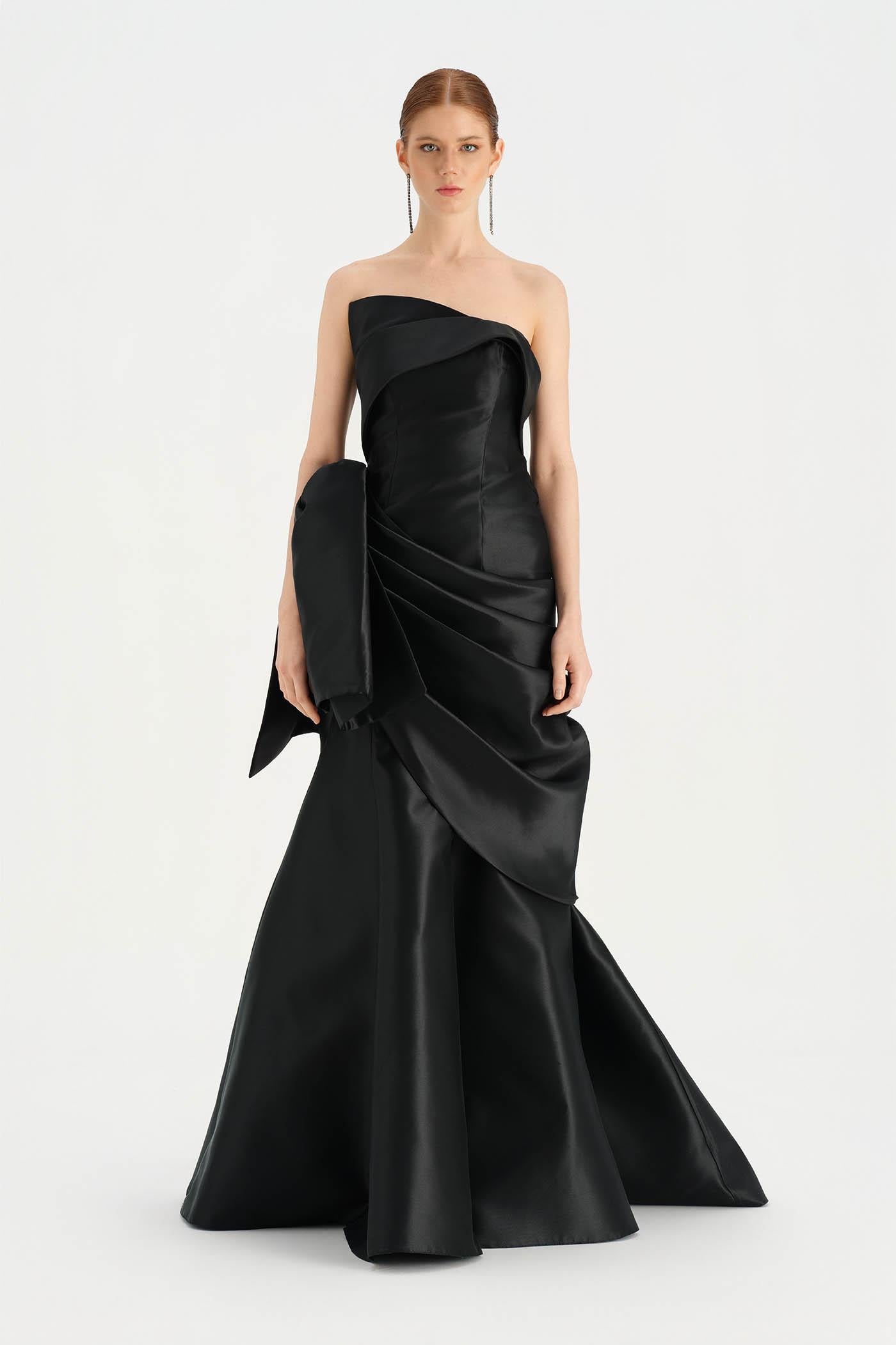 Bow-Waist Draped Strapless Evening Dress - 26085C