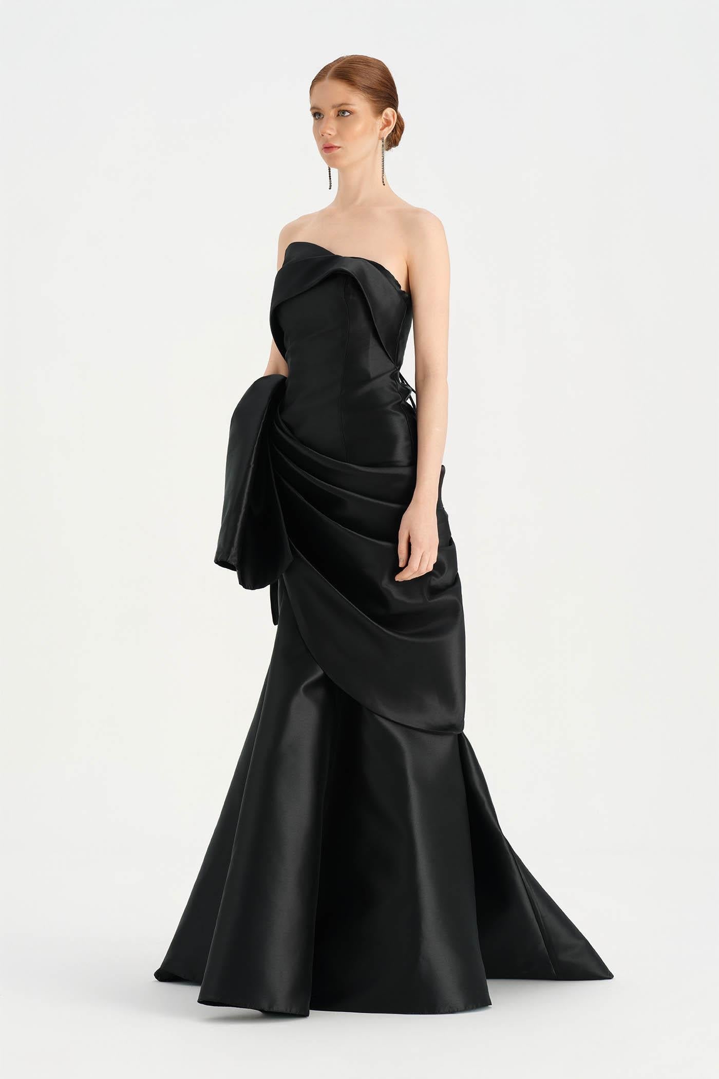 Bow-Waist Draped Strapless Evening Dress - 26085C