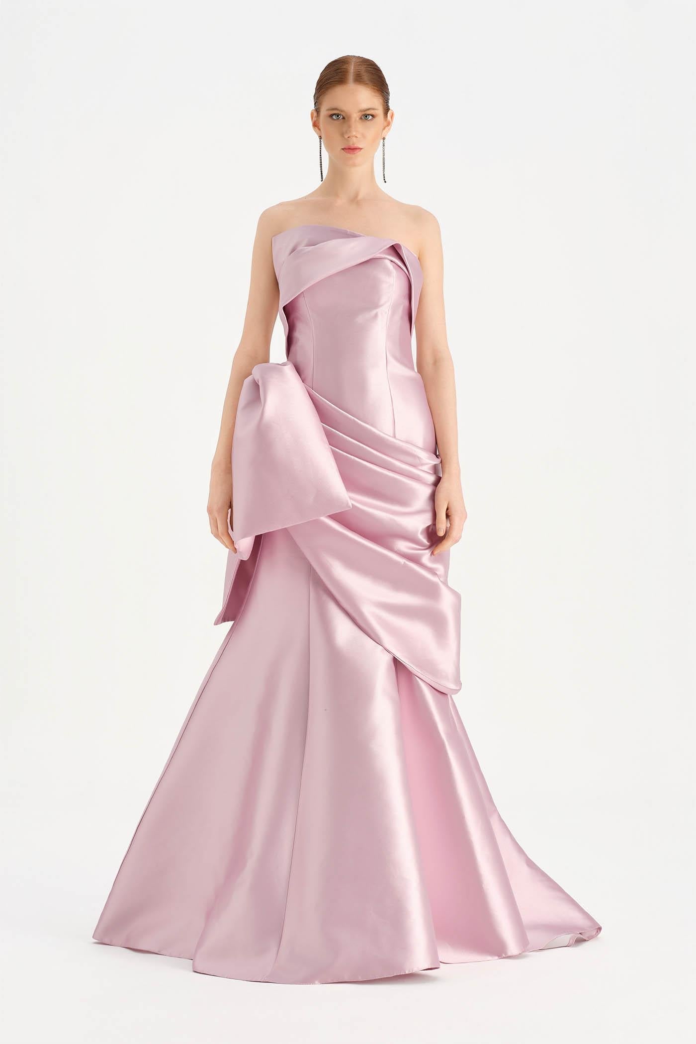 Bow-Waist Draped Strapless Evening Dress - 26085C