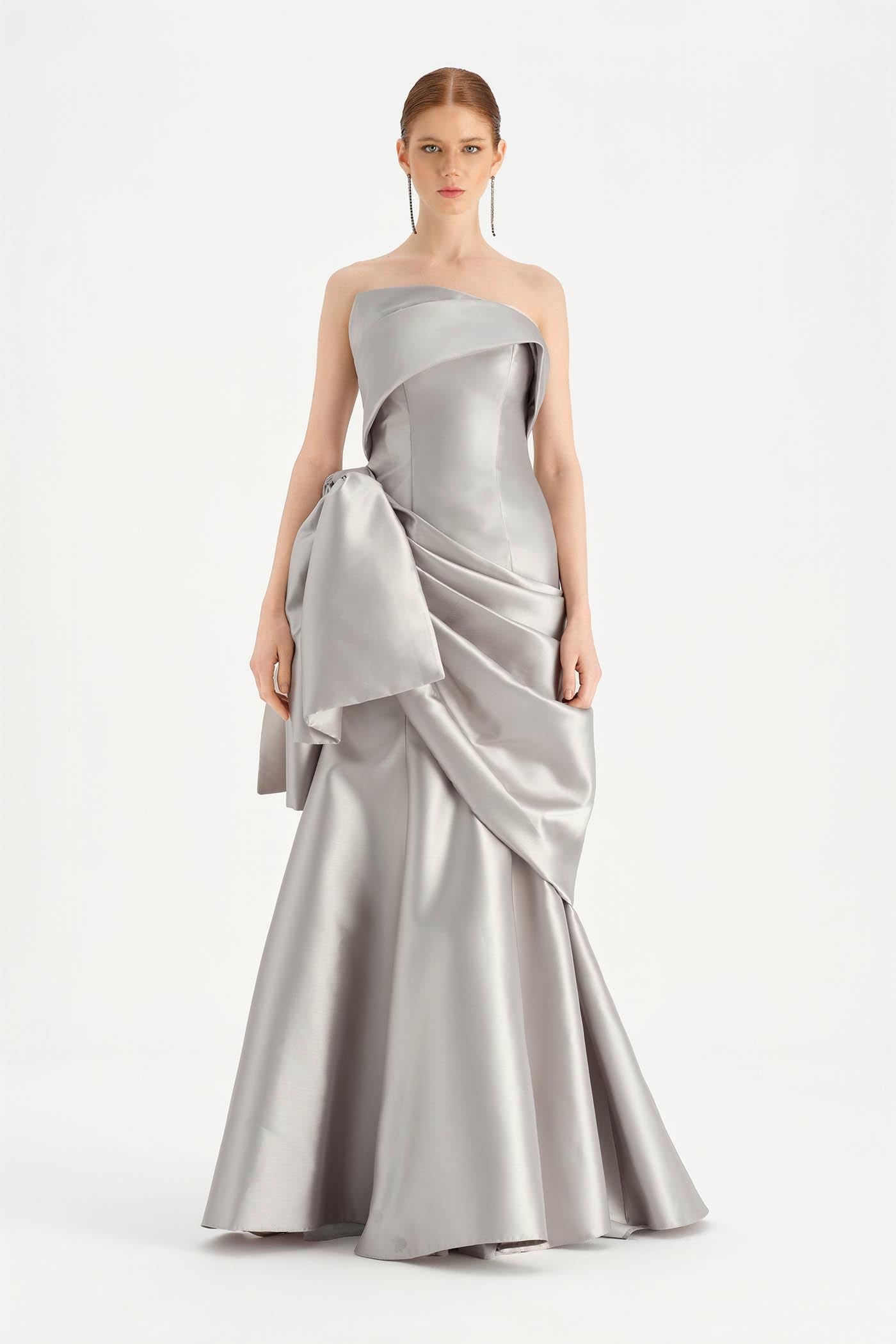 Bow-Waist Draped Strapless Evening Dress - 26085C