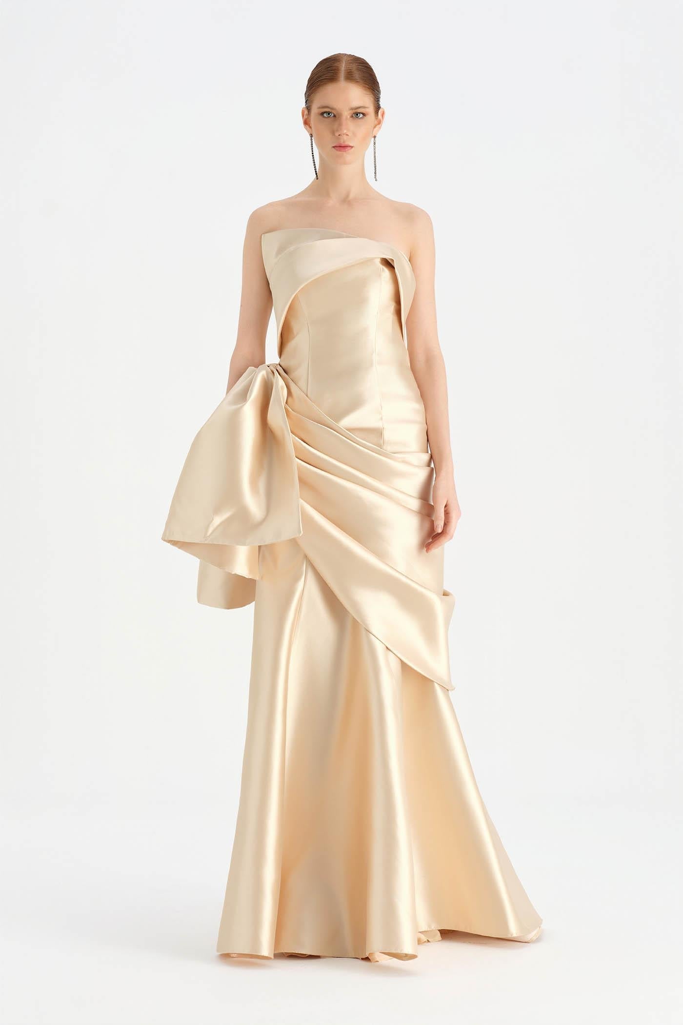 Bow-Waist Draped Strapless Evening Dress - 26085C