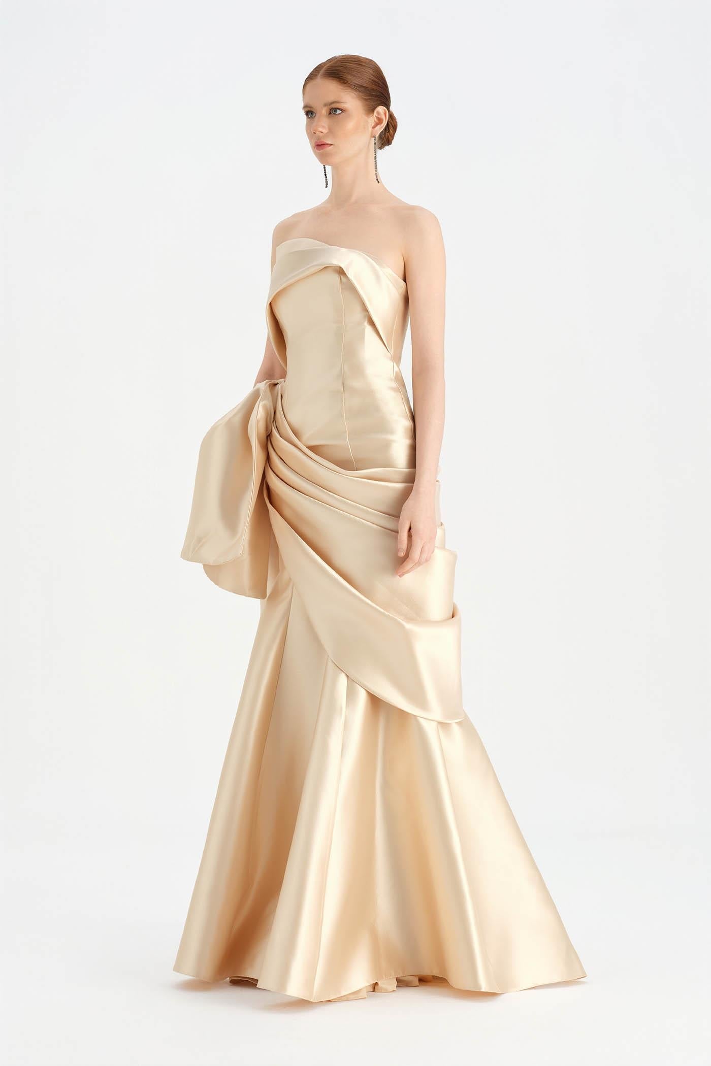 Bow-Waist Draped Strapless Evening Dress - 26085C