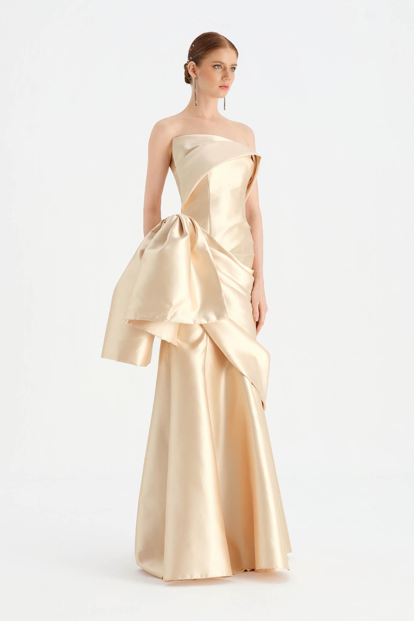 Bow-Waist Draped Strapless Evening Dress - 26085C