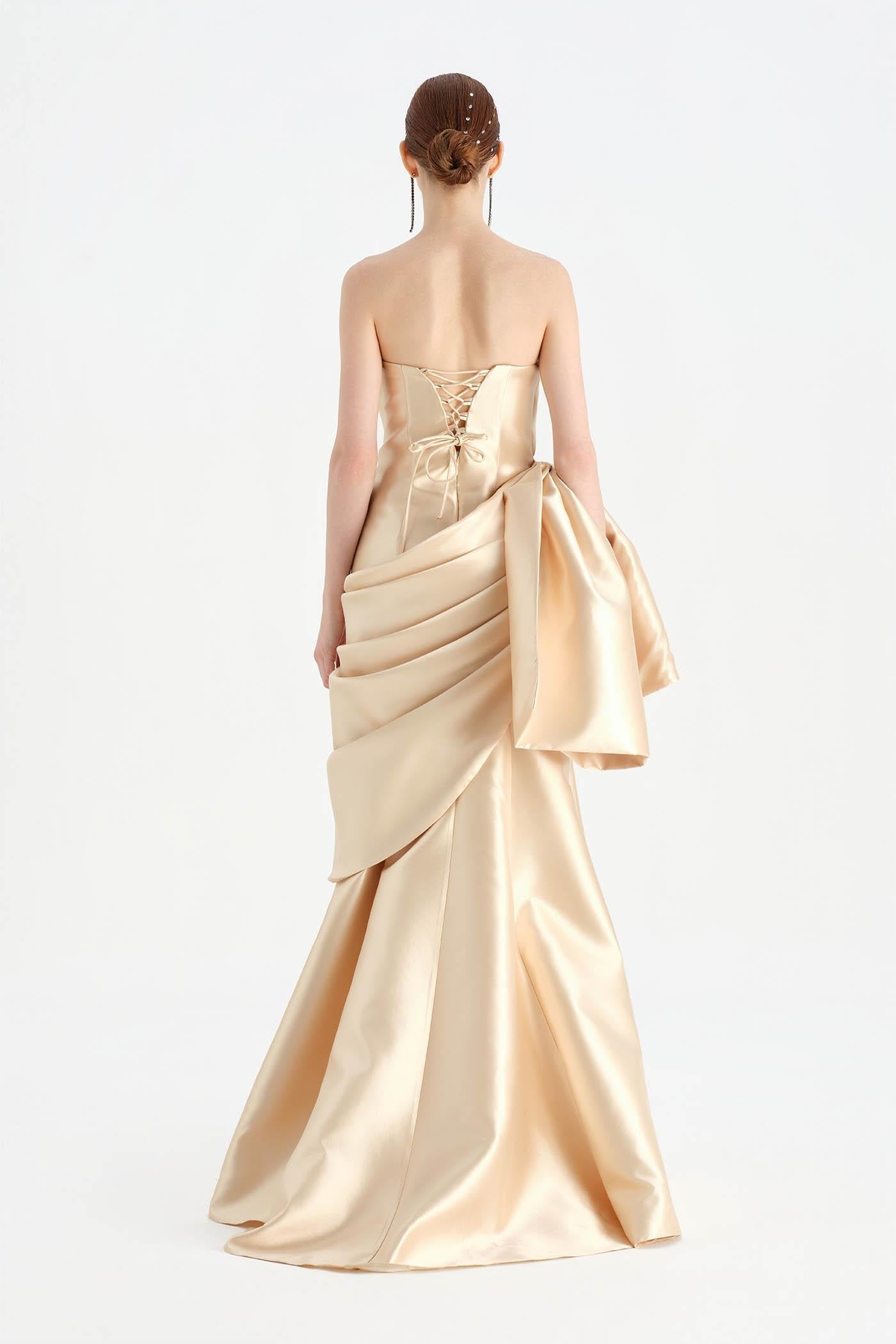 Bow-Waist Draped Strapless Evening Dress - 26085C