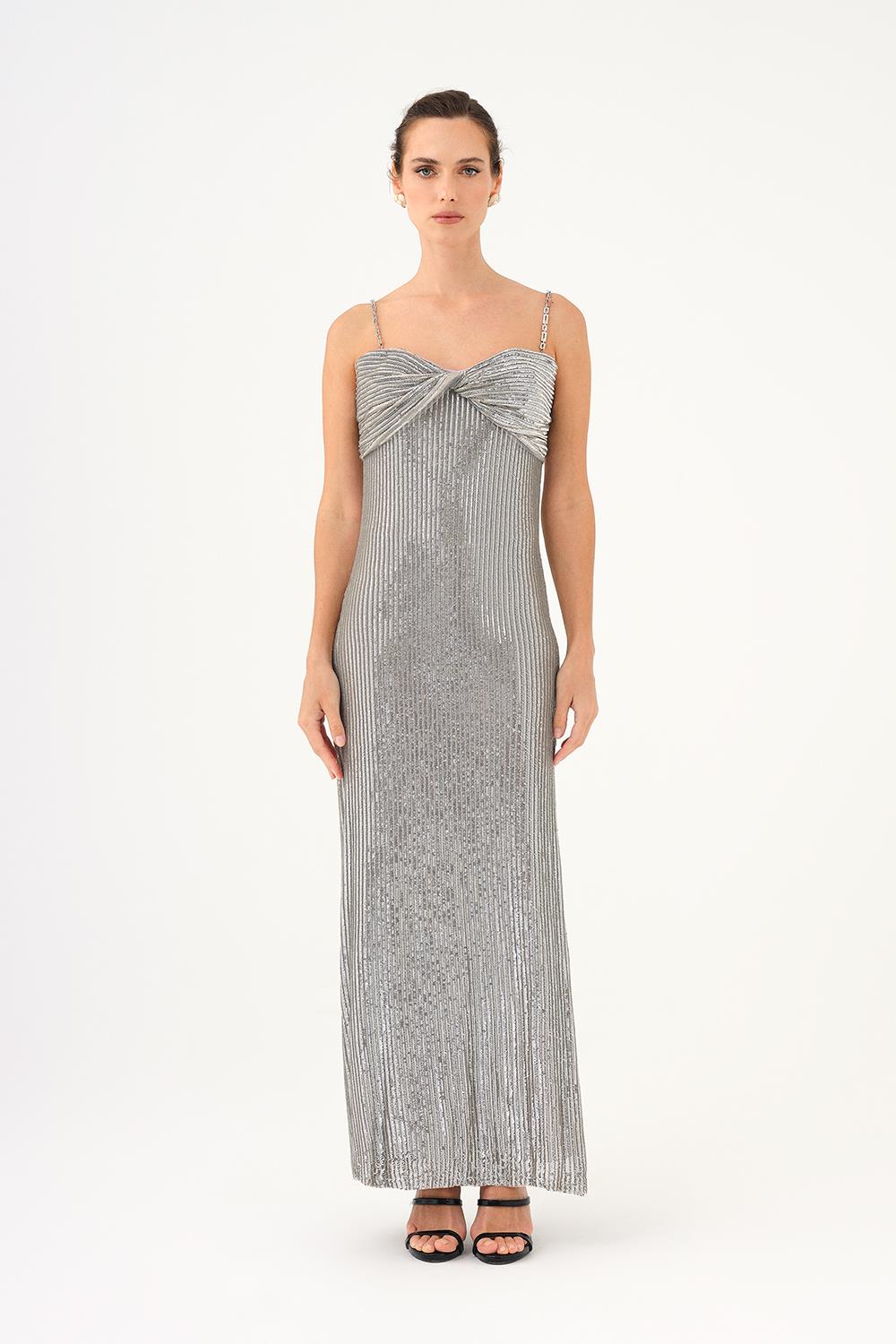 Zincir Askılı Straplez Yaka Yırtmaçlı Uzun Abiye Elbise - 9042C