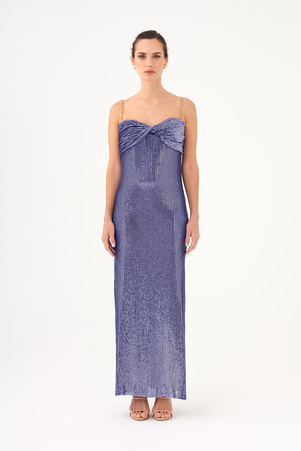 Zincir Askılı Straplez Yaka Yırtmaçlı Uzun Abiye Elbise - 9042C