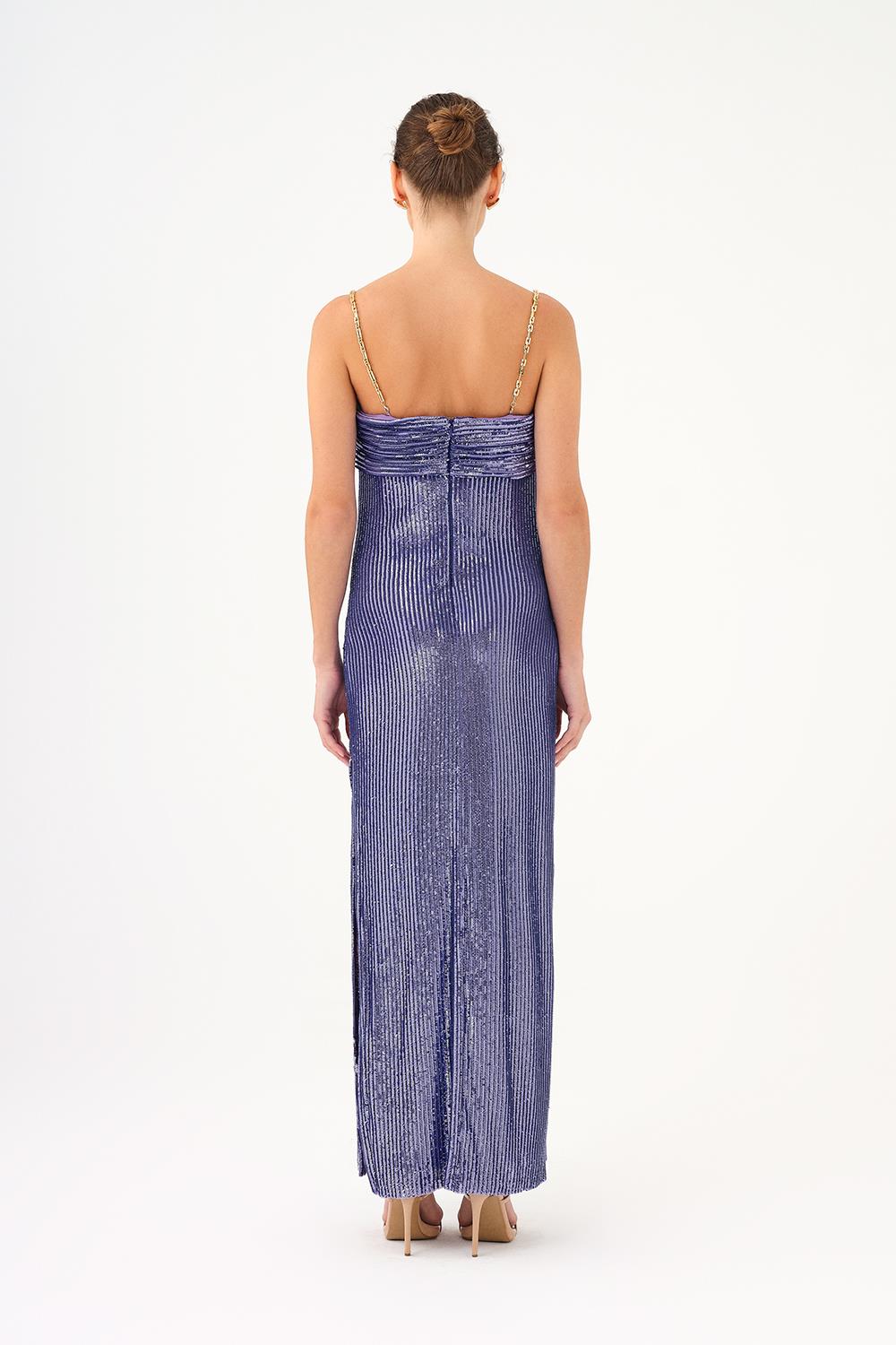 Zincir Askılı Straplez Yaka Yırtmaçlı Uzun Abiye Elbise - 9042C