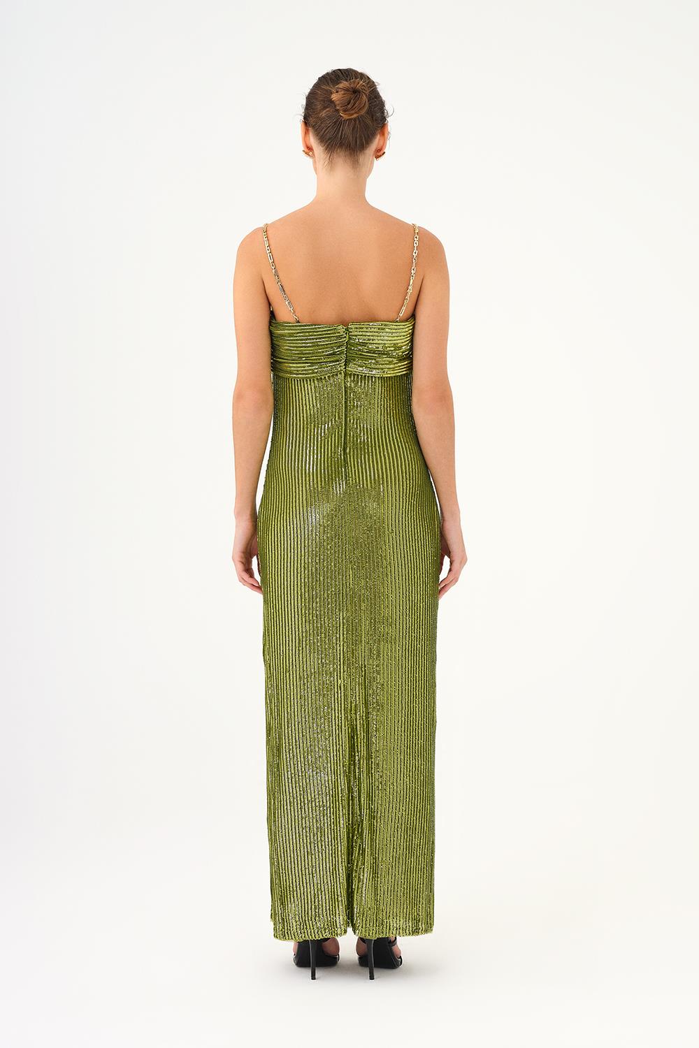 Zincir Askılı Straplez Yaka Yırtmaçlı Uzun Abiye Elbise - 9042C