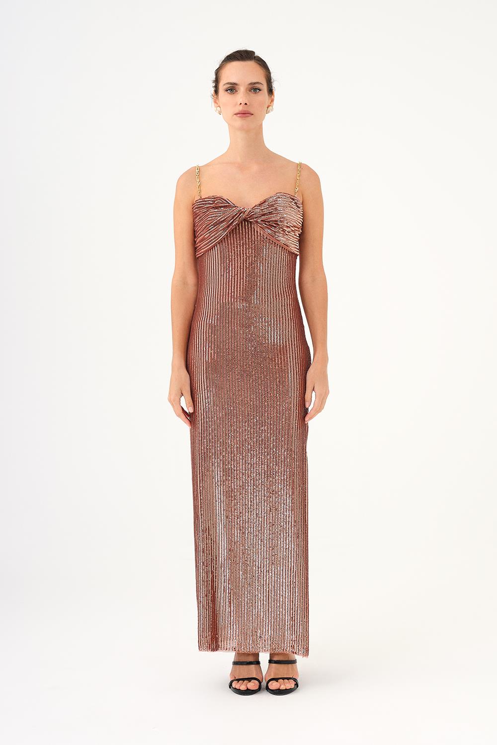 Zincir Askılı Straplez Yaka Yırtmaçlı Uzun Abiye Elbise - 9042C