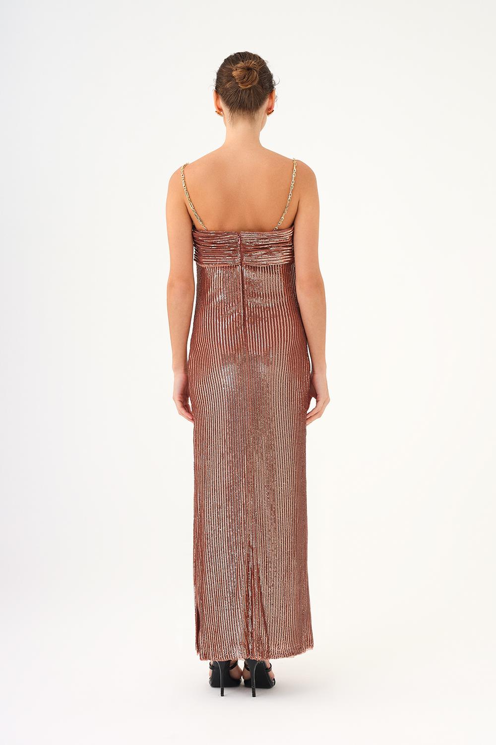 Zincir Askılı Straplez Yaka Yırtmaçlı Uzun Abiye Elbise - 9042C